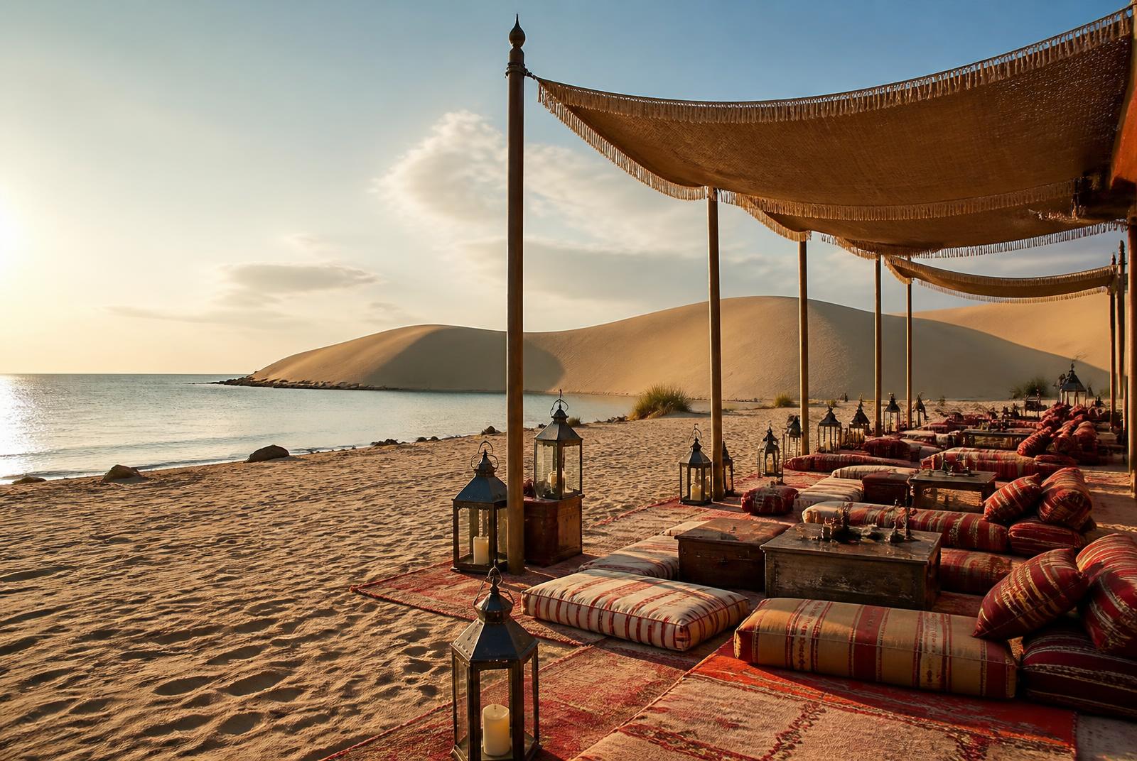 Traditional desert camp in Qatar with majlis seating among the dunes
